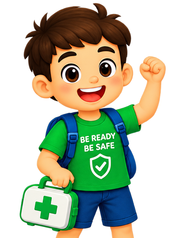 A prepared child holding a first-aid kit