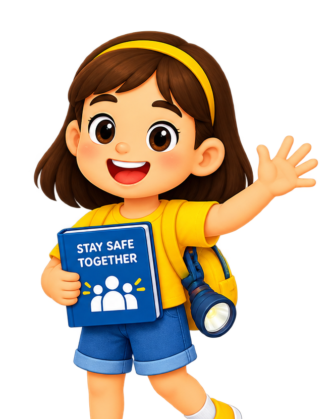 A child holding a safety guide and flashlight